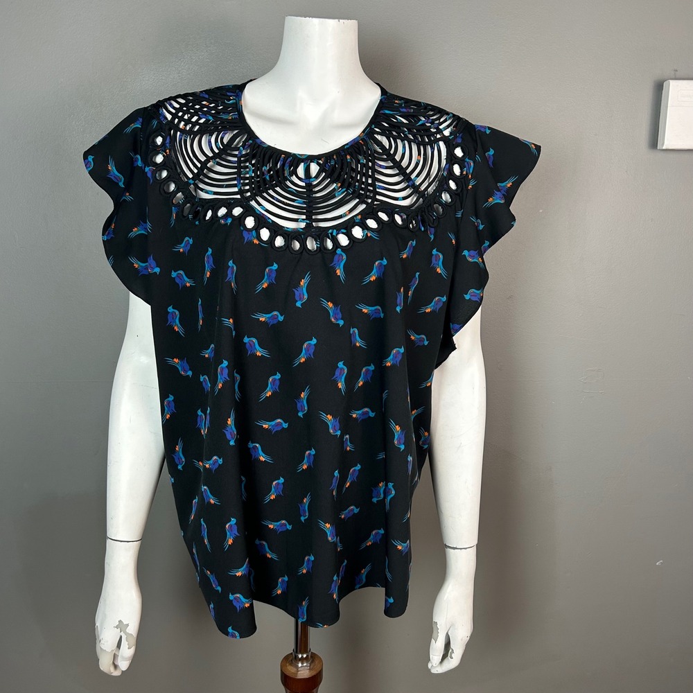 Ranna Gill Anthropologie Top XL Bird Print Lattice Flutter Sleeve Boho Whimsical